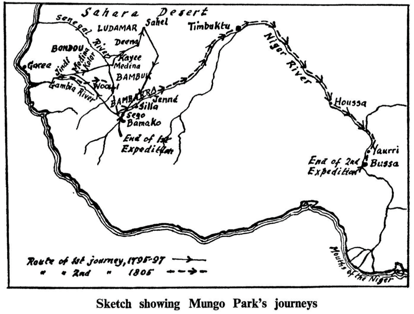 The solid line depicts his first journey, which commenced in 1795 and ended near Sego (Ségou) among the Bambaras in present-day Mali. The dashed line denotes his second journey, which ended in Bussa, present-day Nigeria, where he died in 1805.